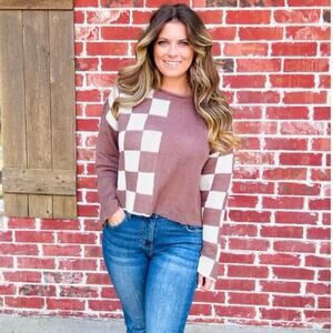 Blu Pepper Mocha Ivory Checkered Colorblock Knit Pullover Sweater L NEW~NWT